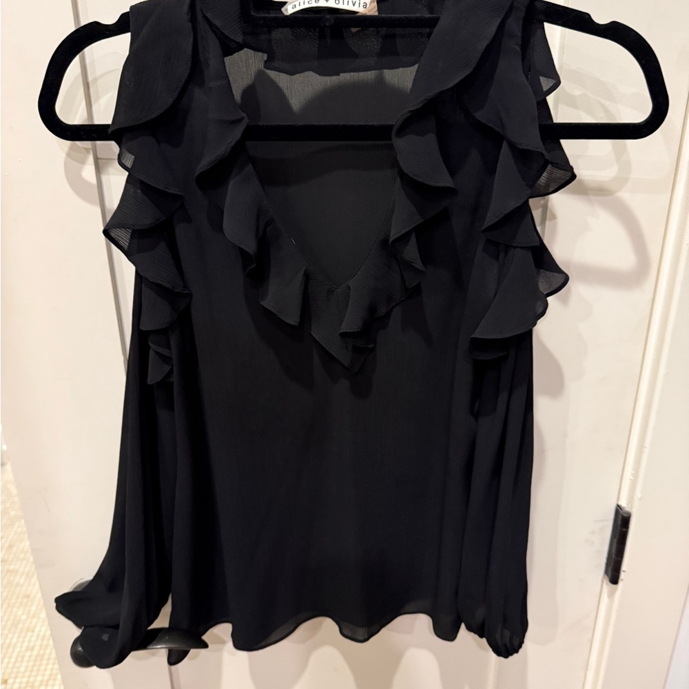 Alice + Olivia Black Ruffle V-Neck Blouse